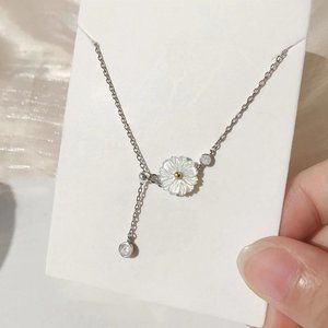 NEW 925 Silver Shell Daisy Diamond Drop Necklace